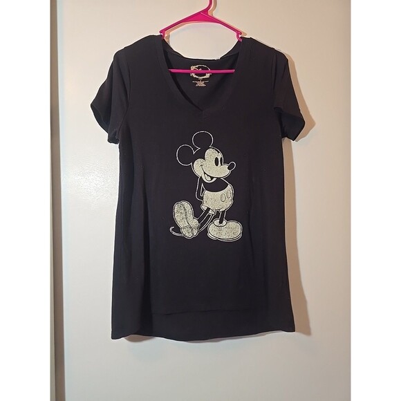 Vintage Disney Mickey Mouse Graphic V-Neck TShirt Black Casual Short Sleeve S - Picture 1 of 4